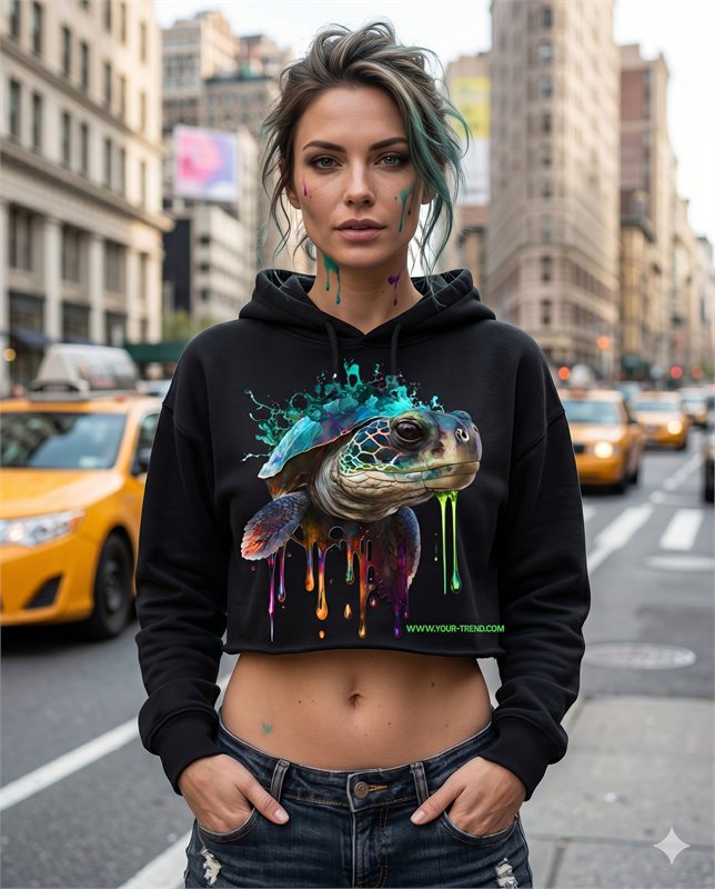 Turtle Limited Drop Crop Hoodie auf einer Manhattan-Straße