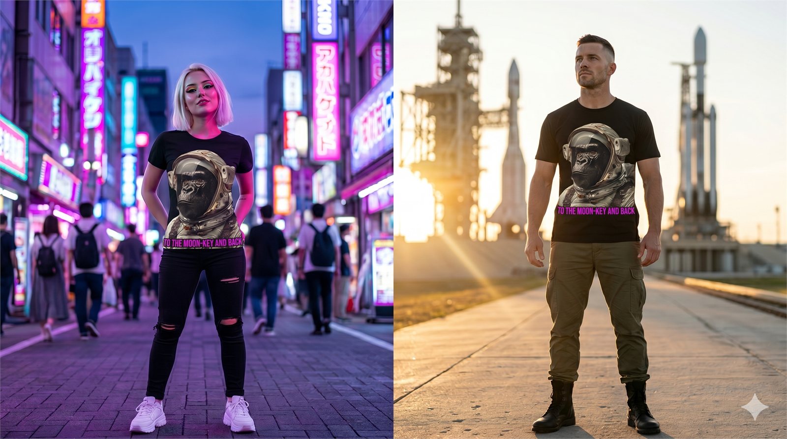 Astro Ape Tee Diptychon — Tokyo Neon & Cape Canaveral Rakete