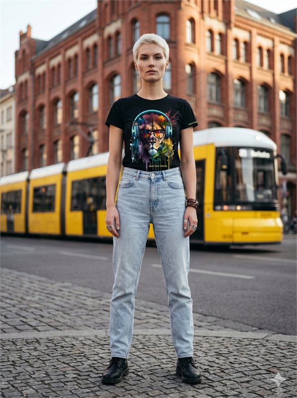 King Pop Tee mit Kopfhörer-Detail vor Berliner Tram