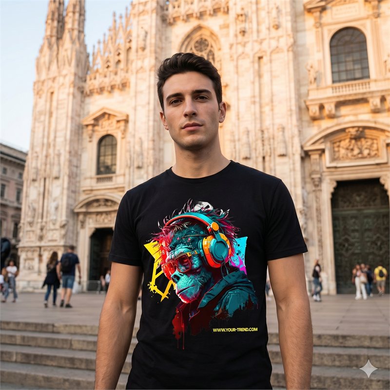 King Pop Tee mit Kopfhörer-Detail vor dem Duomo, Mailand